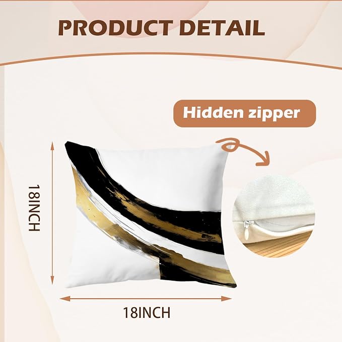 Black White Gold Pillow Covers, Abstract White Black and Gold Pillow Covers 18x18 Set of 2, Modern Black and White Pillow Covers for Couch Bed Living Room