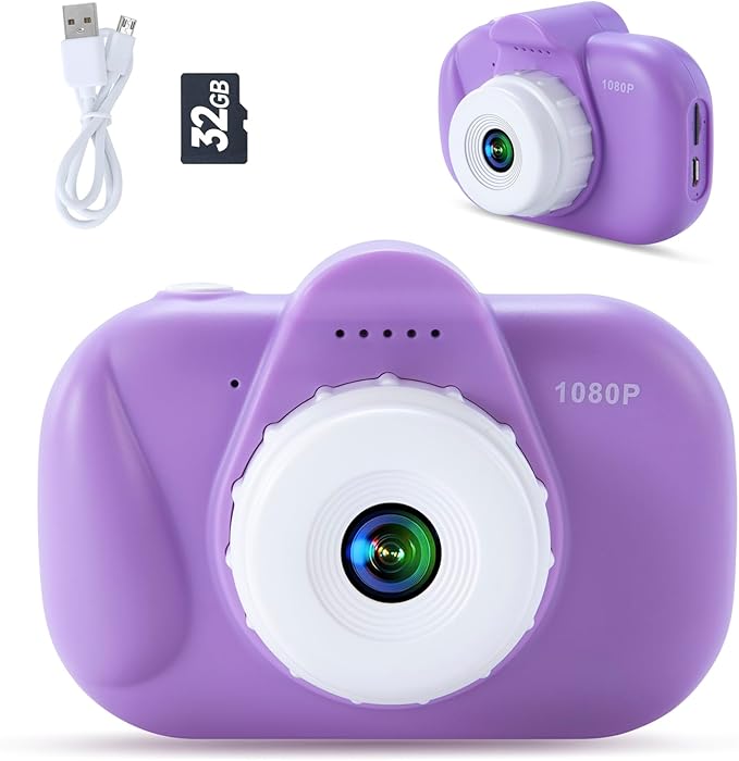 Kids Camera for Girls Ages 3–8, Violet Children Digital Camera 1080P HD with Soft Silicone Case and 32GB SD Card – Fun Birthday Present for Little Girls