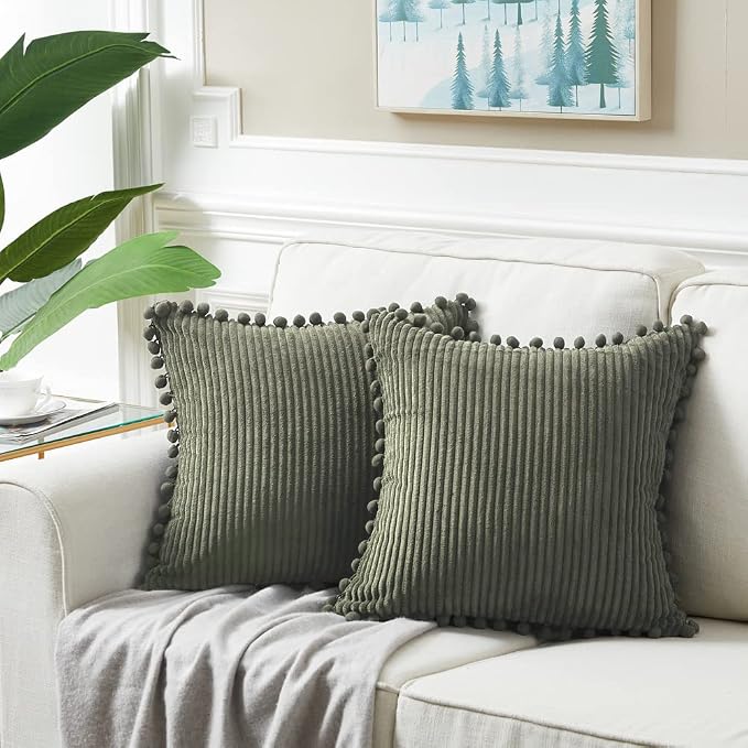 Fancy Homi 2 Pack Olive Green Small Decorative Throw Pillow Covers 14x14 Inch with Pom-poms for Couch Bedroom, Soft Corduroy Solid Rectangle Cushion Case 35x35 cm, Farmhouse Boho Home Décor