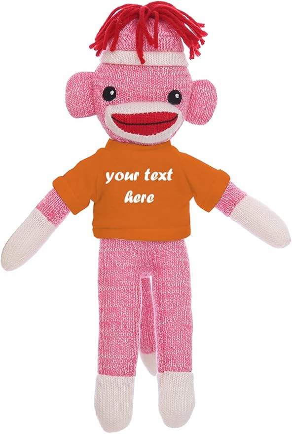 Huggable Pink Sock Monkey 8 Inch, Plush Stuffed Animal Personalized Gift-Custom Text on Shirt-Perfect for Halloween Day, Valentine's Day, Graduation Day, or Birthday Present (Orange)
