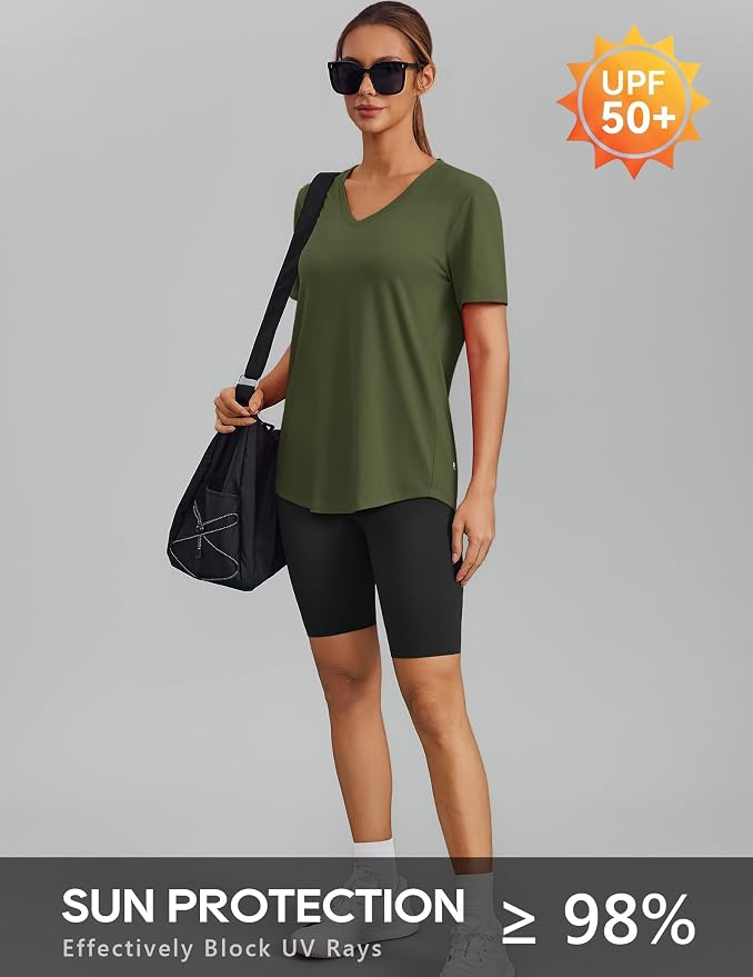 PINSPARK Soft Workout Tops for Women Short Sleeve V Neck Moisture Wicking UPF 50+ Sun Protection Quick Dry Gym Shirts