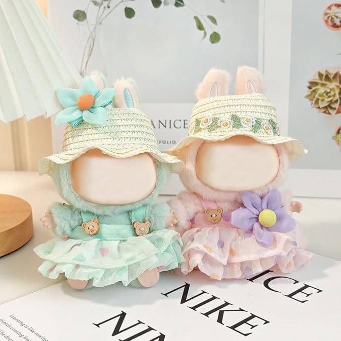 One Set Kawaii Doll Clothes for 17cm Plush Dolls - Pink Floral Collection Dress + Hat + Bag + Hair Clip Fits 6.7 Inch Mini Dolls (No Doll No Glasses)
