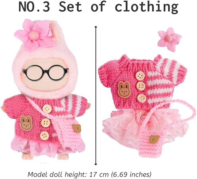 ebuddy 3 Sets Doll Clothes for 17cm Plush Doll - Fashion Outfit Collection Knit Tops + Tulle Skirts + Floral Hair Clips & Bags -Clothes Only No Glasses
