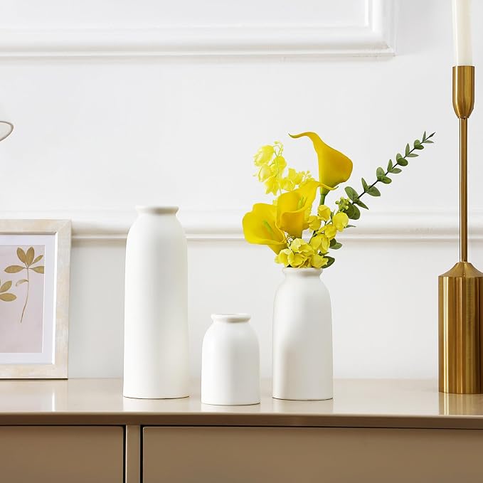 White Ceramic Vases Set of 3, Small Flower Decorative Vase Waterproof | Farmhouse Vases for Pampas Grass & Dried Flowers, Rustic Vase for Table Bookshelf, Living Room