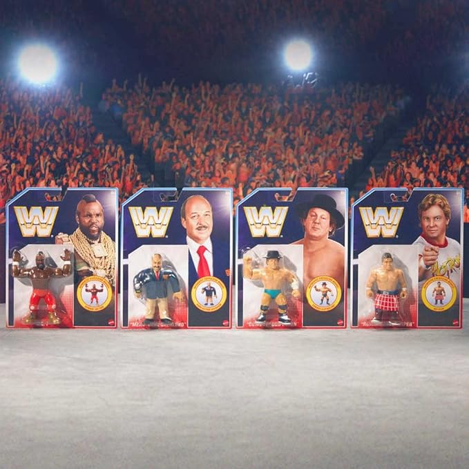 WWE Retro Action Figure 4 Pack - Cowboy Bob Orton, Mean Gene Okerlund, Mr T & Rowdy Roddy Piper