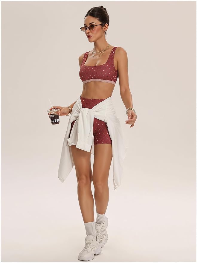 Milumia Women's Polka Dots Workout Set 2 Piece Color Block Bra Tank High Waisted Biker Shorts Layered Matching Yoga Outfit