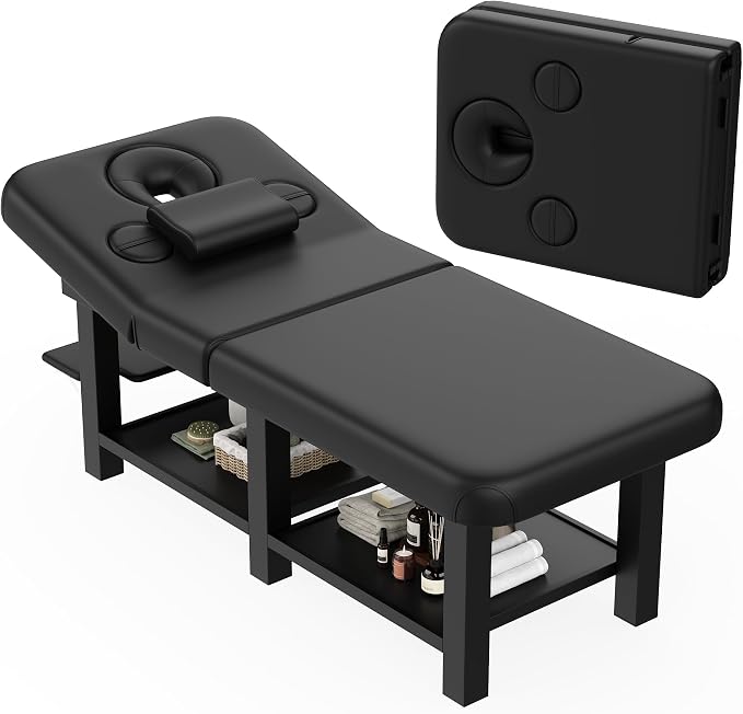Extra Large 34''×80'' Folding Stationary Massage Table with Adjustable Backrest, Heavy-Duty Metal Frame PU Leather Treatment Bed for Spa, Physical Therapy, Tattoo, Facial & Medical Exam - Black