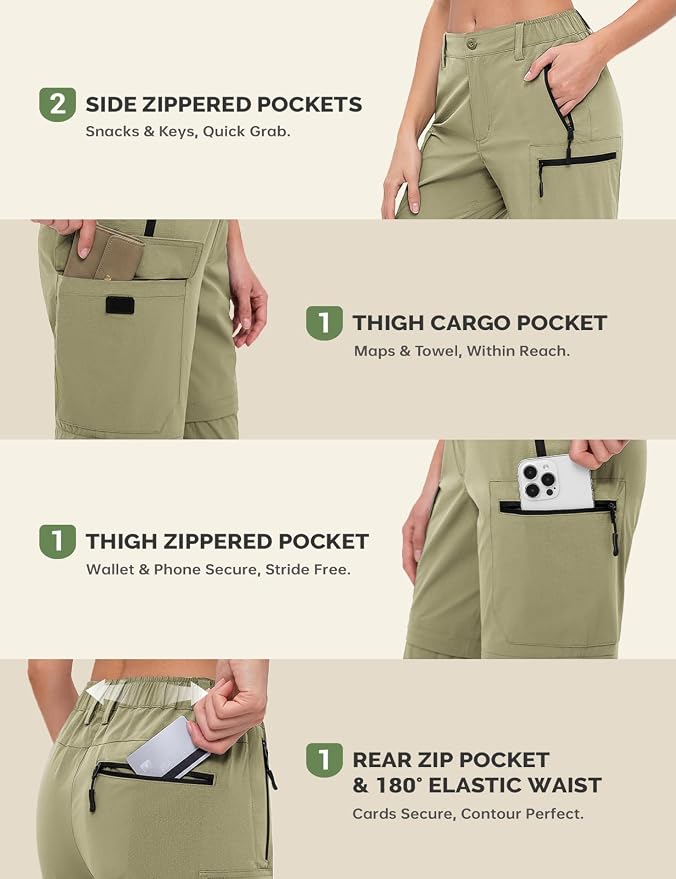 Cycorld Women's-Hiking-Pants-Convertible Quick-Dry-Stretch-Lightweight Zip-Off Outdoor Pants with 5 Deep Pockets