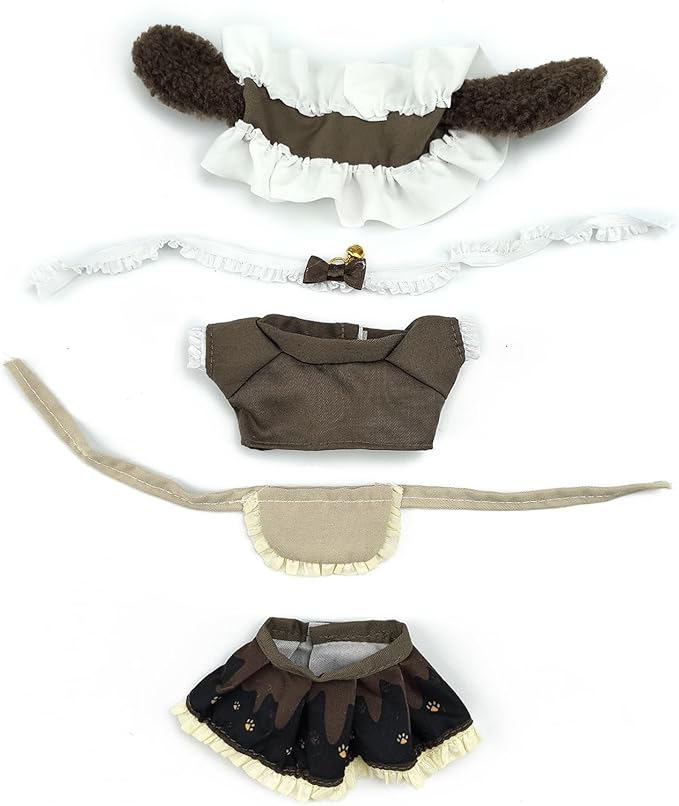 Clothes for Doll, 15/17cm Doll Clothes Set Suitable for Dolls Accessories - Hairband + Brown Top + Bib + Pleated Skirt + Bell Strap(NO Doll),Maid Costume2