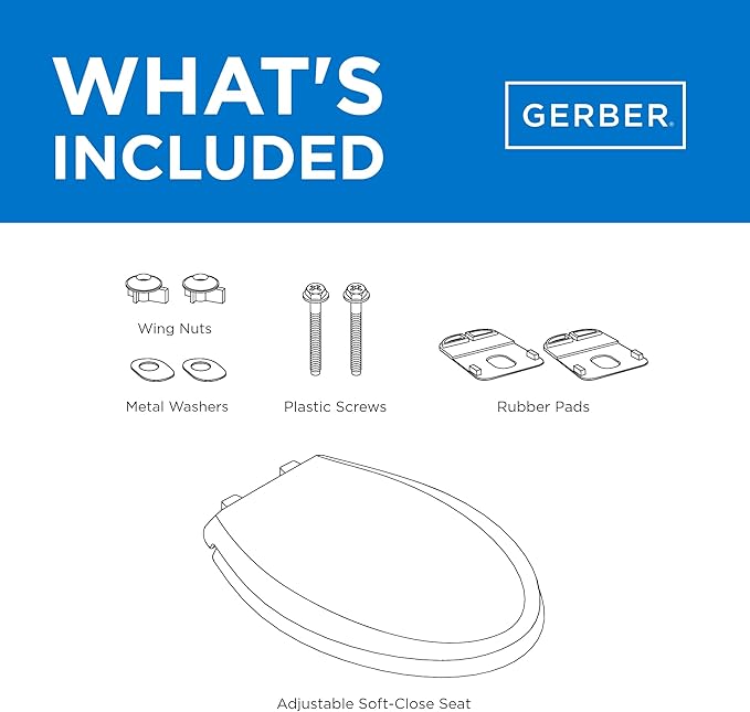 Gerber Elongated Toilet Seat with Cover, Soft Close, No Slam, Quick & Easy Install, Heavy-Duty Plastic, Adjustable Fit for Standard Elongated Toilets, Durable & Fade-Resistant, Biscuit G009921309