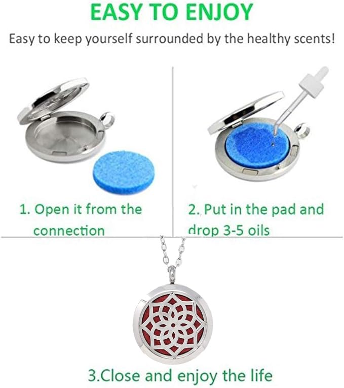 Aromatherapy Essential Oil Diffuser Stainless Steel 30MM Silver Locket Pendant 2 Sizes Chain Necklace, Refill Pads & Diffuser Bracelet in a Velvet Bag (flower2)