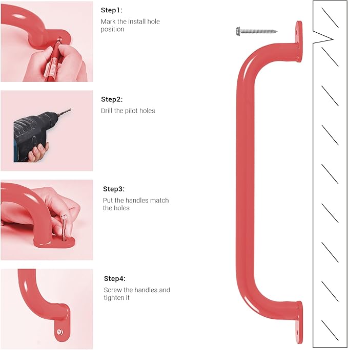 ESPETS 17 Inch 6 Pieces Red Steel Handles for Outdoor Playground Accessories - Swing Set Attachment Grab Bars, Playset Safety Handles, Indoor Monkey Bars for Jungle Gym, Playhouse, Climbing Frame
