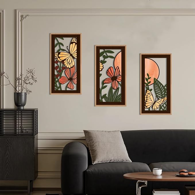 IARTTOP Wood Floral Framed Wall Art 8x16 Inch Set of 3 Abstract Green Leaf Butterfly Wooden Wall Decor Minimalist Nature Landscape Artwork for Living room Bedroom Dining room