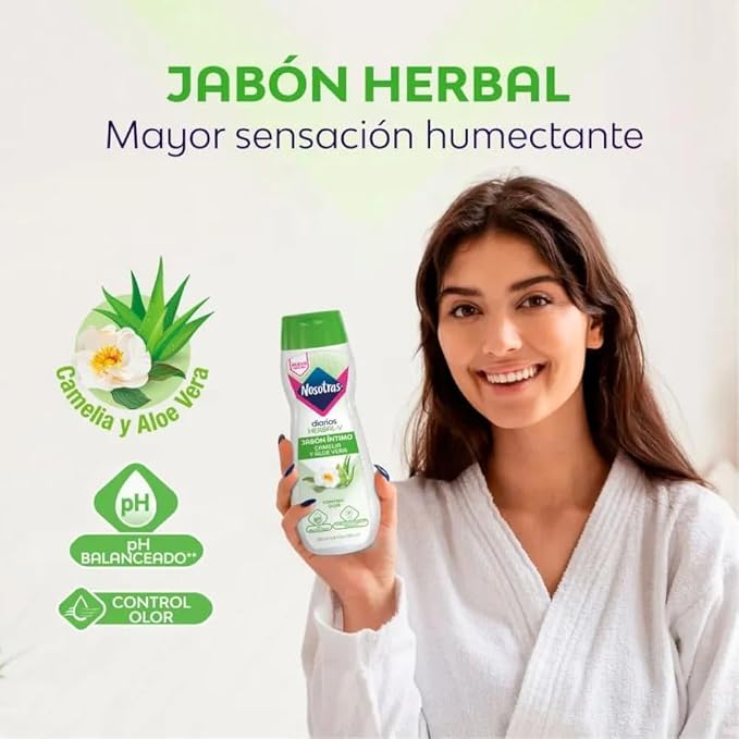 Feminine Wash Nosotras Set Intimate Soap And Wet Wipes Herbal-V Camellia and Aloe Vera | Kit Jabon Intimo y Pañitos Humedos Herbal-V Camelia y Aloe Vera Colombia (6.76oz - 200ml)