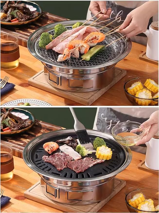Korean Charcoal Grill 13.8 Inches Stainless Steel Tabletop BBQ Grill Stove Outdoor Camping Cooker, Tabletop Smoker Grill BBQ Grill for Patio Garden Backyard