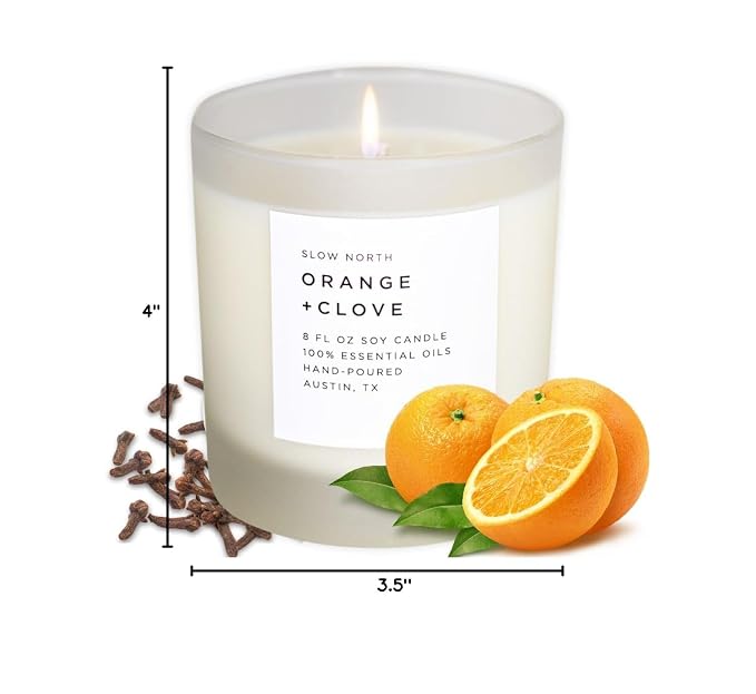 Slow North Orange + Clove Candle - Essential Oils and Pure Soy Wax Candle in a Reusable Frosted Glass Jar - A Unique and Mindful Scented Candle Hand-Poured in the USA (8 oz)