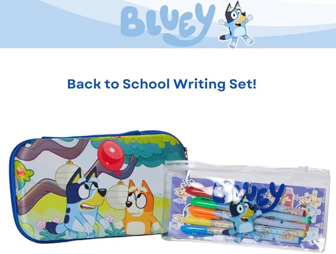 Innovative Designs Bluey Pencil Case Set with Stickers and Gel Pens for Kids, Molded with Zip Closure