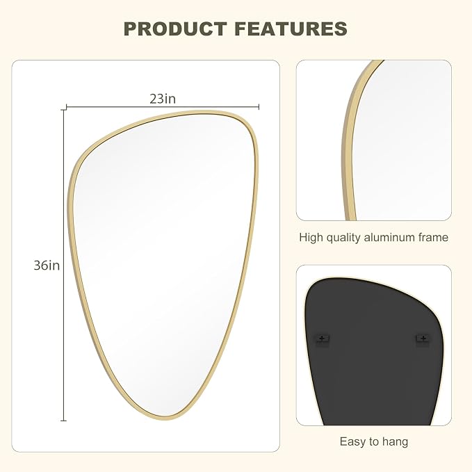Asymmetrical Mirror, Irregular Wall Mirror, Wall Mirrors Decorative for Bedroom Living Room entryway Hall, Wall Mirror for mid Century Modern Decor 36" H x 23" W, Gold