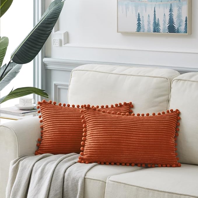 Fancy Homi 2 Pack Burnt Orange Lumbar Decorative Throw Pillow Covers 12x24 Inch with Pom-poms for Couch Bedroom Sofa, Soft Corduroy Rectangle Cushion Case 30x60 cm, Farmhouse Boho Fall Home Decor