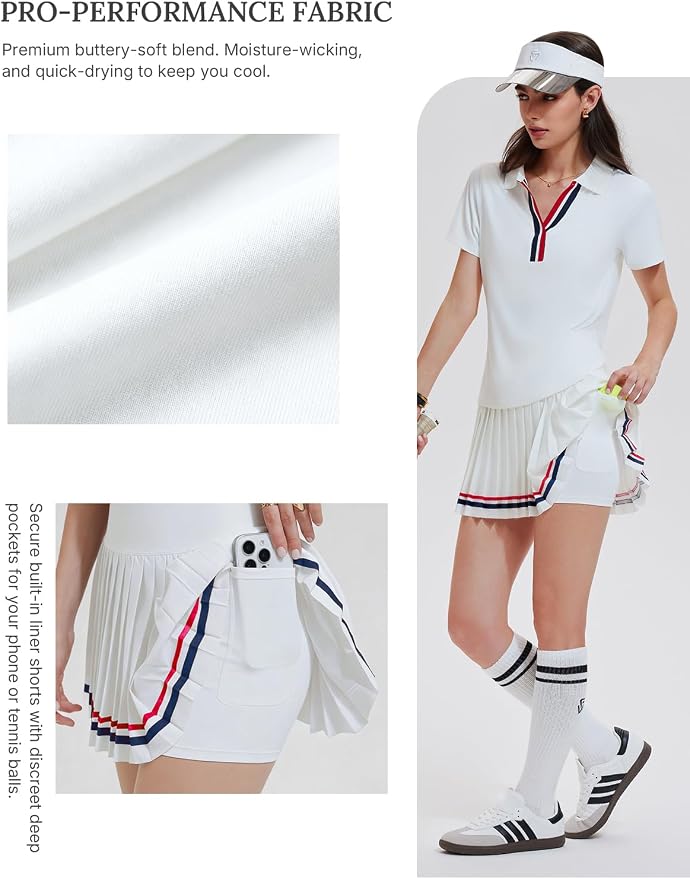 Women 2 Piece Tennis Skirt Set Pleated Golf Outfit, Polo V-Neck Athletic Dress Alternative Skort Set for Pickleball Pockets