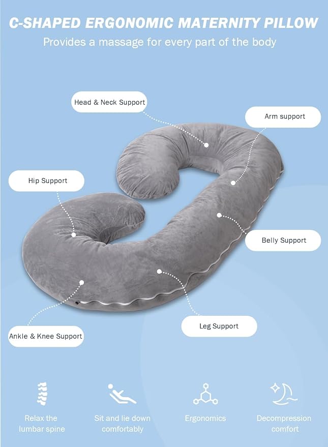 INSEN Pregnancy Pillow for Sleeping, Maternity Pillow with Jersey Cotton Cover,C Shaped Body Pillow for Pregnant (Gray)
