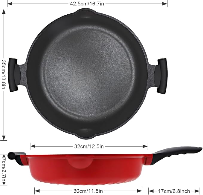 AIKENBBKK Frying Pan Skillet Nonstick with Lid, 14 Inch Large Deep Saute Pan, Big Induction Pan Non Stick, 2-1 Cooking Cookware with Helper Handle, Family Size, Suitable for All Stoves, PFOA-Free, Red