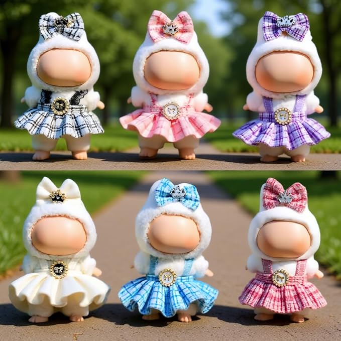 (6-Pack) 17cm Clothes Set, Black & Light Pink & White & Blue & Hot Pink & Purple Plaid Dress Outfit, Stylish Dress and Hairpin Set for 17cm Doll Dress Up, Adorable Doll Accessories