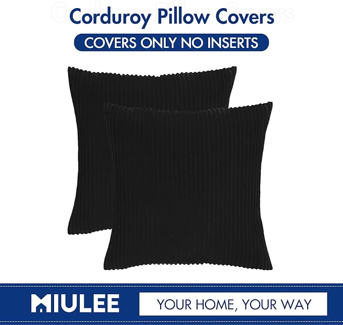 MIULEE Decorative Corduroy Throw Pillow Covers Set of 2 18x18 Black | Soft Striped Textured Cushion Cases, Boho Modern Square Pillowcases for Home Decor, for Couch Chair Sofa Bed Living Room