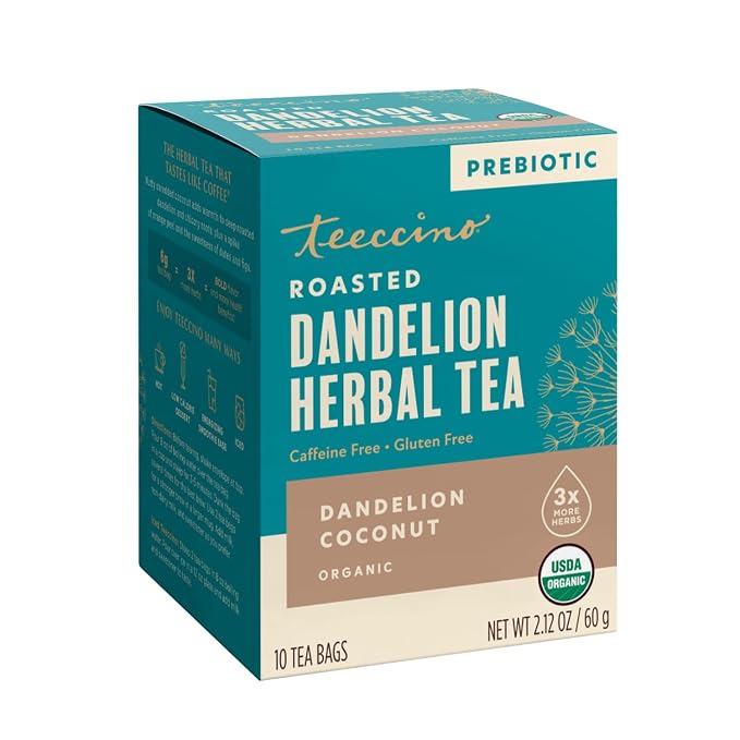 Teeccino Dandelion Coconut Tea - 10 Tea Bags - Caffeine Free, Roasted Herbal Tea with Prebiotics, 3x More Herbs than Regular Tea Bags, Gluten Free