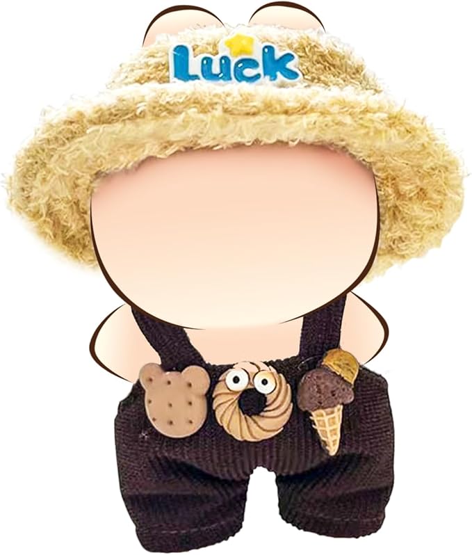 Doll Clothes for 17cm Dolls, Cute Outfit Set with Accessories, Bucket Hat and Overalls (No Doll) (Brown Overalls Set)