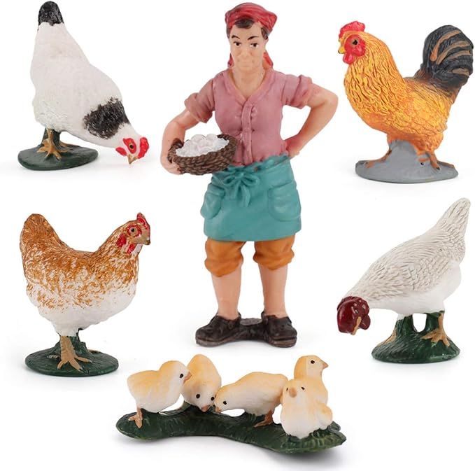 LC JoyCre Realistic Rooster Toy Figurine 6PCS Chick Farm Animal Model Set Hen Chicken Party Desktop Decoration Collection Educational Toys Set for Kid Boys Girls 5 6 7 8 Years Old