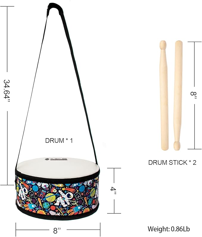 MUSICUBE Kids Drum Set 8-Inch Wooden Drum Toys with an Adjustable Strap and 2 Drumsticks Educational Baby Musical Toys Drum Sensory Musical Instrument Toys for Toddler Boys & Girls Gift Packing