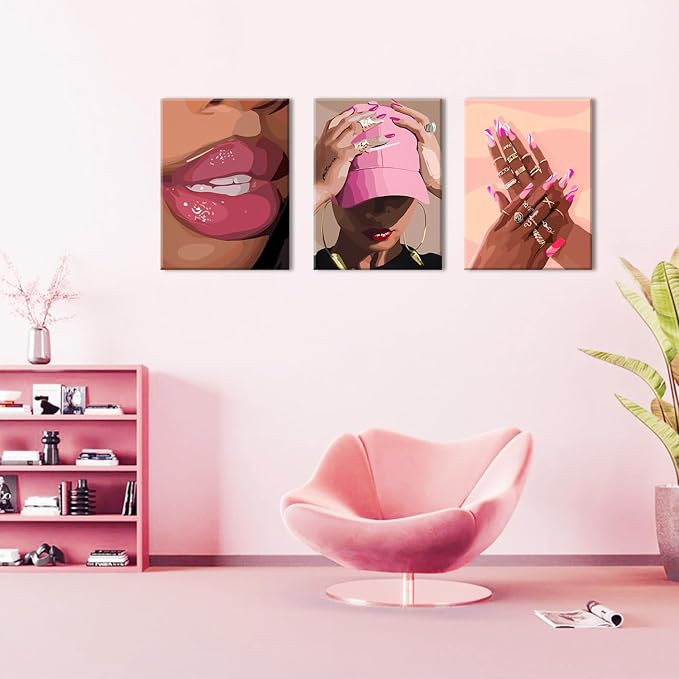 Black Girl Wall Art Set of 3 - Pink African American Woman Canvas Wall Decor Pictures, Fashion Black Woman Paintings Prints for Living Room Bedroom Bathroom Dorm 12x16 inch Framed
