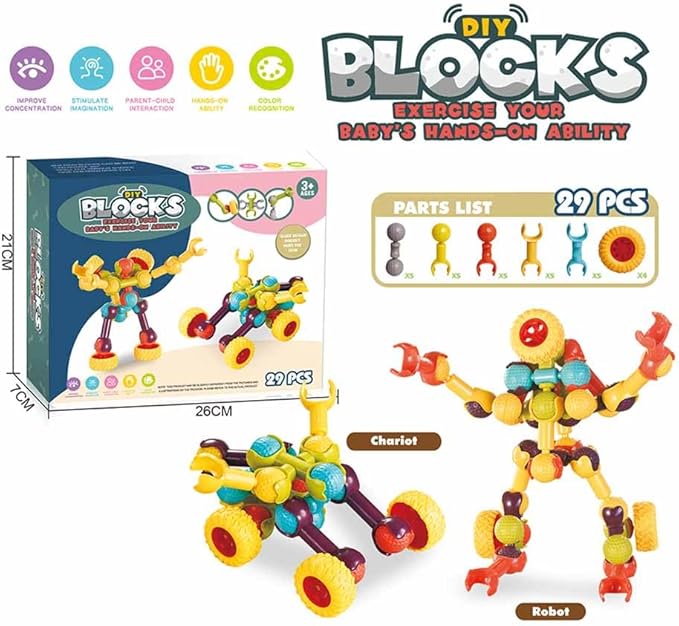 Colorful Building Block Set, 29 Pieces, Multicolor Plastic Robot/Chariot (10.2 x 2.8 x 8.3 in)