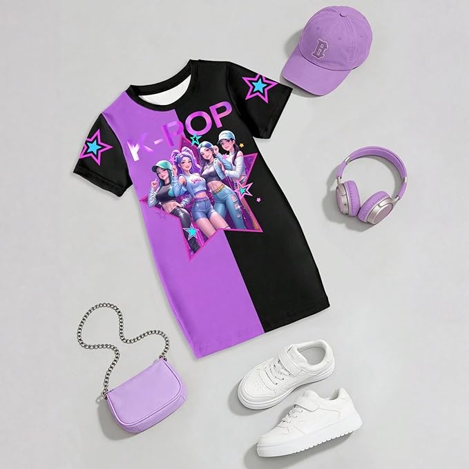 Girl's Anime K-POP Graphic Long Dress T-Shirt - Casual Loose Fit Short Sleeve Top