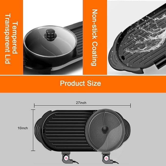27″ Hot pot with Grill,Electric BBQ Grill 2200W Non-Stick Korean Barbecue Grill for 2-12 People,Independent Dual Temperature Control(110V)