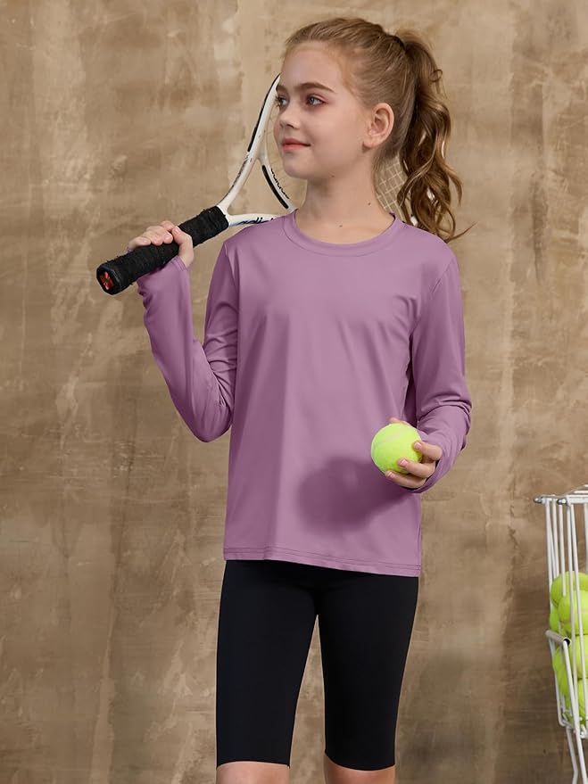 ZDC Girls Long Sleeve Athletic Shirts Kids Crewneck Quick Dry Workout Yoga Tops Basic Tees Activewear