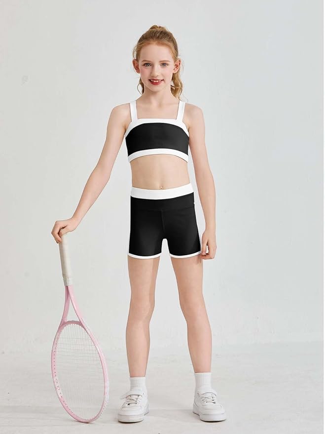 Haloumoning Girls 2 Piece Outfits Athletic Color Block Training Bra and High Waisted Shorts Clothing Sets 5-14Y