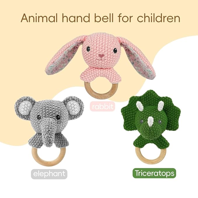 Baby Toys Stuffed Animals Handbell,Triceratops Rattle Toy Wooden Rattle Toys for Baby,Knit Stuffed Animal Cute Rattle with Teether Ring Newborn Birthday Gifts(Triceratops)
