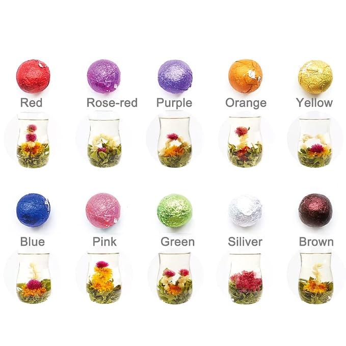 10 Assorted Blooming Flower Tea Balls Gift Set| Handmade Herbal Flowering Tea Balls Variety Individual Packing| Blooming Green Teas with Flowers for Teas Lovers, Anniversary, Valentine, Birthday (Star & Moon Bag)