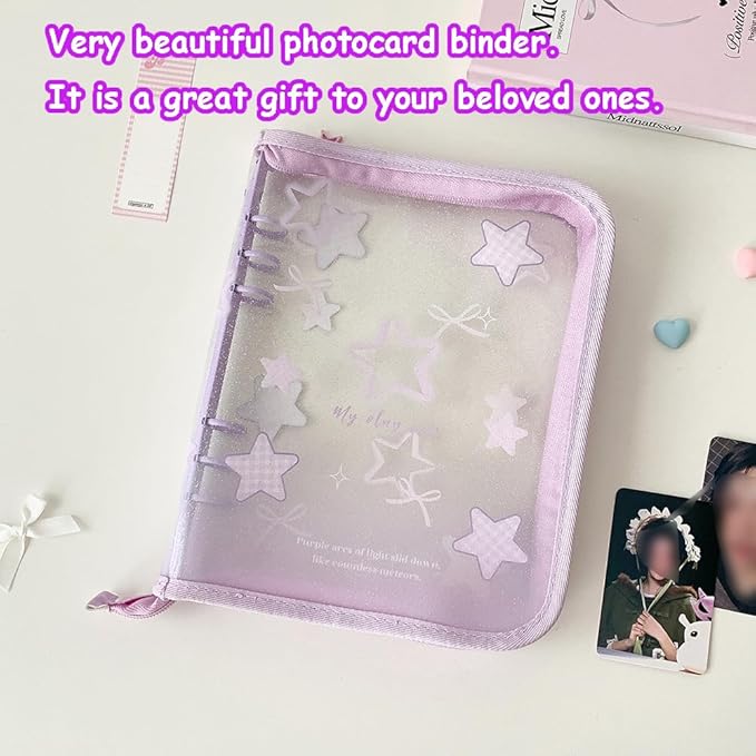 Kpop Photocard Binder Kpop Photocard Holder Book with Kpop Photocard Korean Stickers, A5 Binder Photocard Album 25 Inner Pages with 200 Pockets 6 Ring Photocard Binder Kpop (Purple Star)