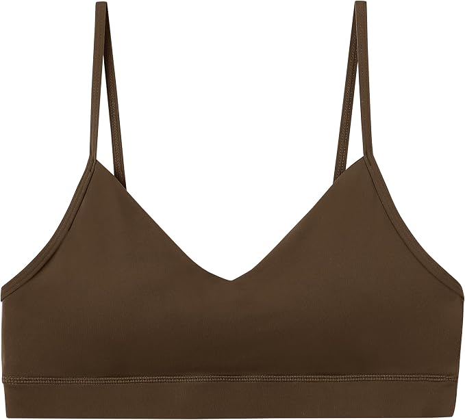 Oalka V Neck Sports Bra for Women Adjustable Padded Thin Straps Wireless Yoga Bras