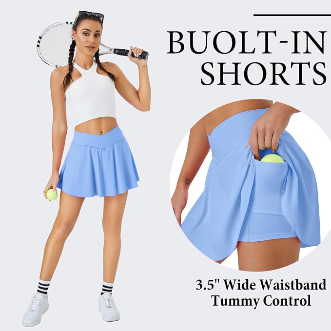 Womens Tennis Skirt Crossover High Waisted Skort with Pockets Shorts | Athletic Skirts for Golf Running Workout Pickleball, Aesthetic Activewear, Sporty Athleisure Style
