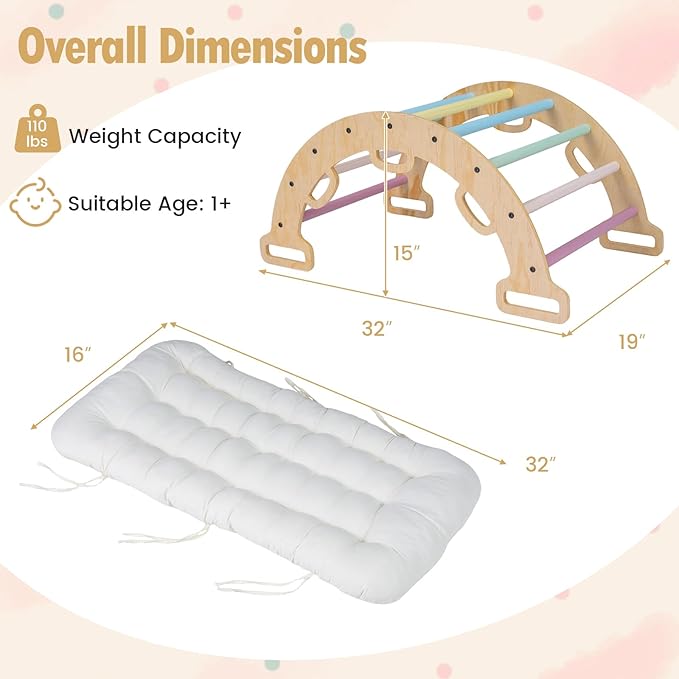 Costzon Wooden Rocking Climbing Arch w/Cushion, 3-in-1 Montessori Kids Climber Rocker for Toddlers, Playground Climbing Ladder Toy, Indoor Gym Learning Playset for Boys Girls Ages 1+ (Macaron)