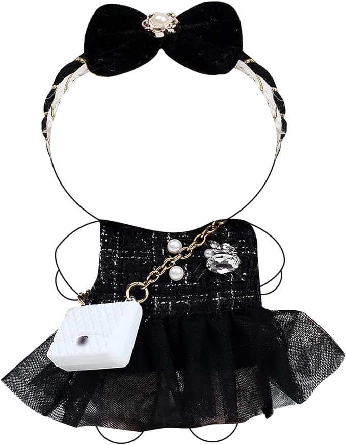 LBB Doll Clothes โ Elegance in Motion Outfit for 17cm LBB: Black Sleeveless Sheer Dress, Black Bow Headpiece, and White Mini Bag (Doll Not Included)