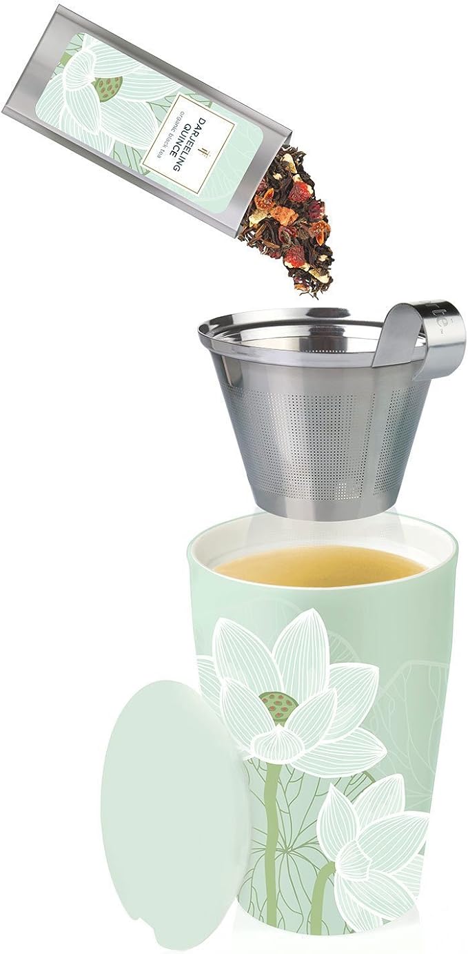 Tea Forte Double-Walled Ceramic Kati Cup, Removable Stainless Steel Infuser Basket and Lid, Steeps 12 oz Loose Leaf Tea, Dishwasher & Microwave Safe, Lotus Blossom
