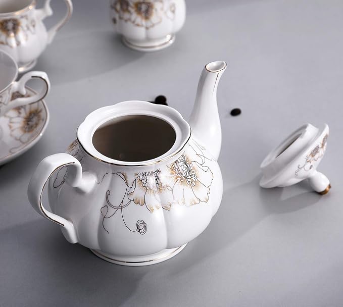 CHENP.HMC Tea Set 22-Piece Porcelain Ceramic Coffee Tea Gift Sets Cups Saucer Service for 6 Teapot Sugar Bowl Creamer Pitcher and Teaspoons (Chrysanthemum)