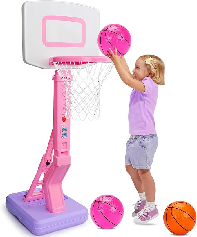 Toddler Girl Basketball Hoop Indoor Pink Adjustable Mini Basketball Goal with Ball Pump for Outdoor Poolside Toys Backyard Game Outside Basketball Toy for Kids Age 3-5 6 7 4-8 Birthday Gift