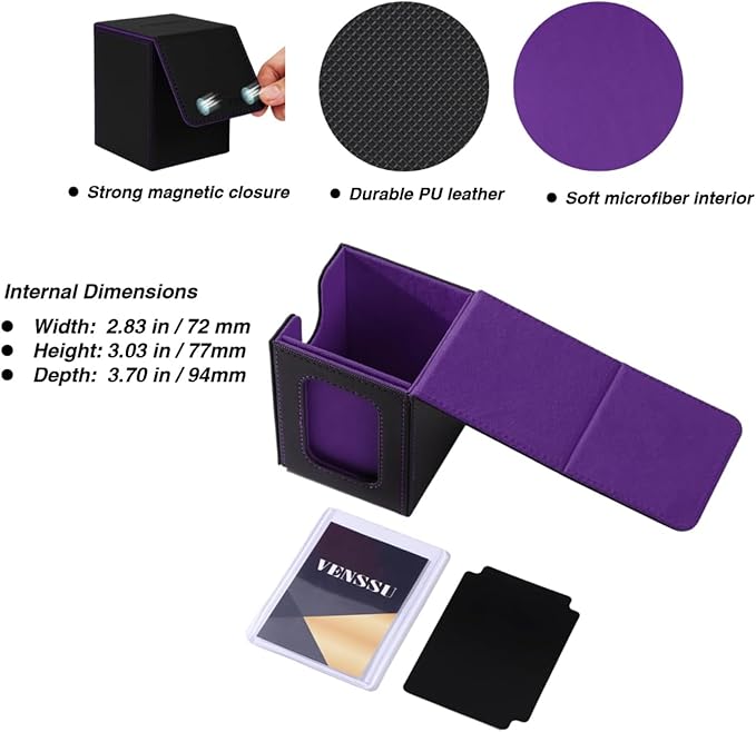 Venssu MTG Deck Box With Slot For Commander Display, Patented Design, Fits 100+ Double /120+ Single Sleeved Cards, With 2 Dividers And 1 Toploader,Compatible with board game TCG CCG (Black&Purple)