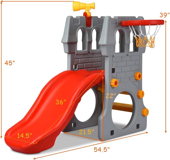 HONEY JOY Kids Slide with Basketball Hoop, 4-in-1 Toddler Freestanding Slide, Telescope, Hide and Seek Crawling Space & Climbing Stairs, Children Playground Toys Set for Indoor and Outdoor Games